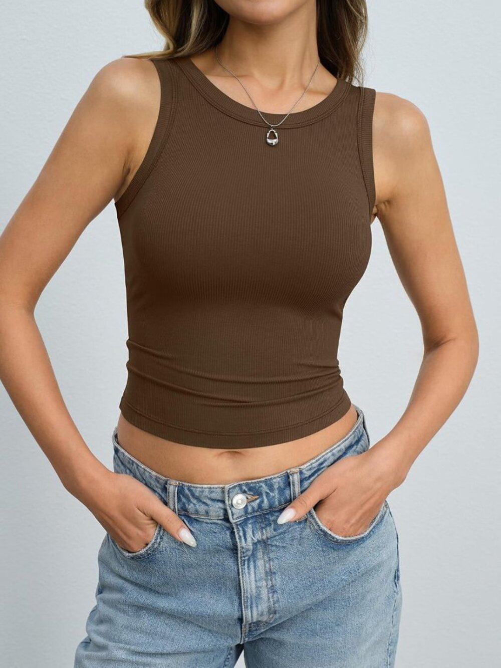 〽️Women's Brown Short Sleeveless High Neck Slim Fit Shirts Crop Tank Tops